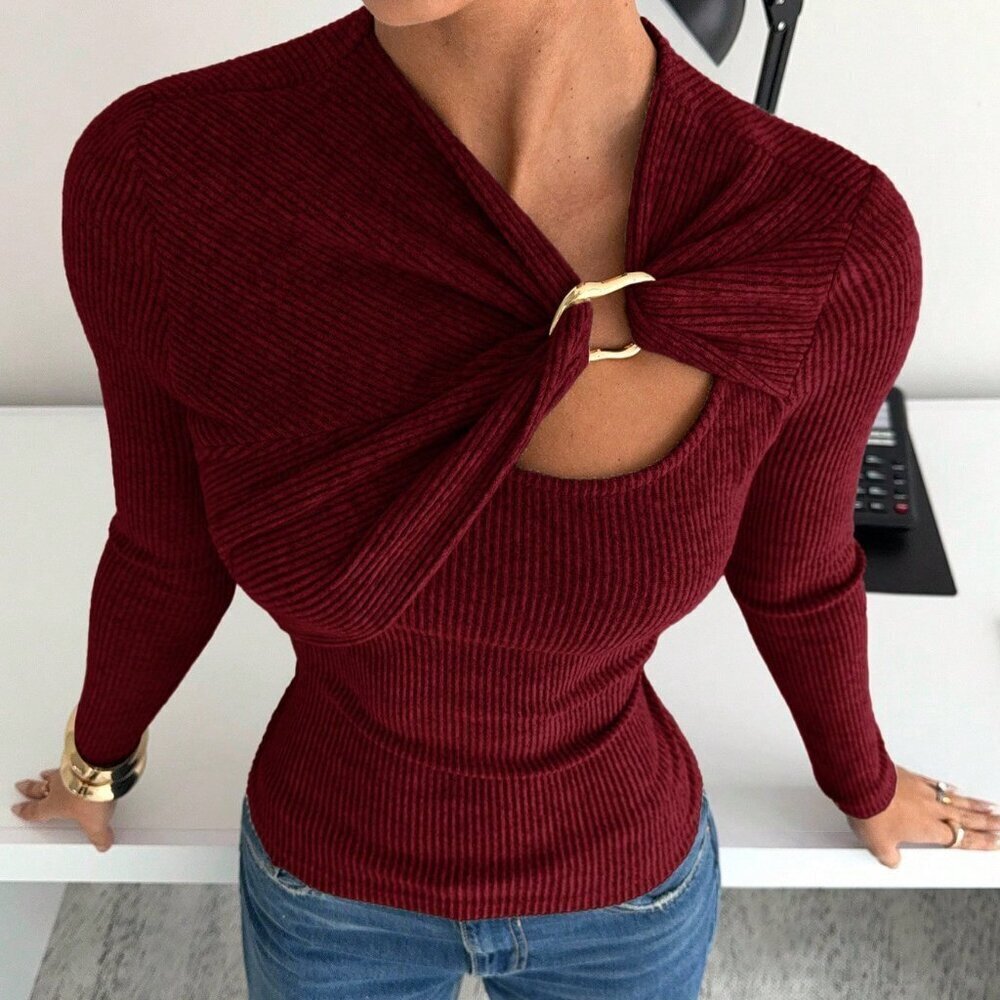 Burgundy Casual Women's Asymmetric Soft Long Sleeve T-Shirt